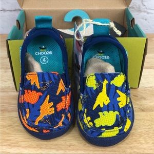 CHOOZE Scout Roar blue slip ons with orange and yellow dinosaurs